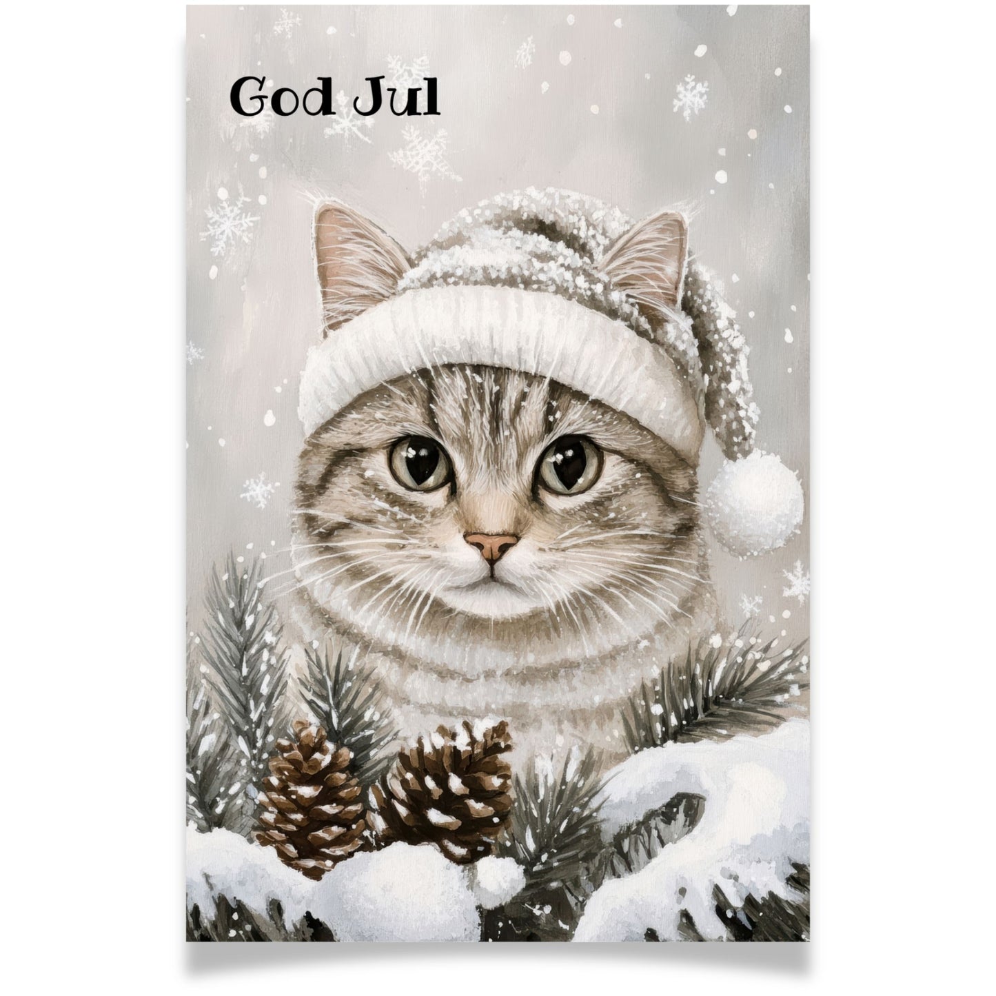 Julekort med katt i nisselue fra Cozy Winter Story – sjarmerende julemotiv med vinterstemning.