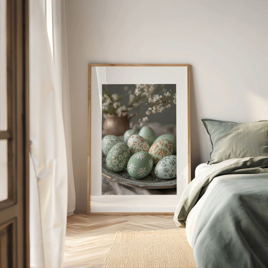 Påskeplakat med dekorative egg i ramme på vegg