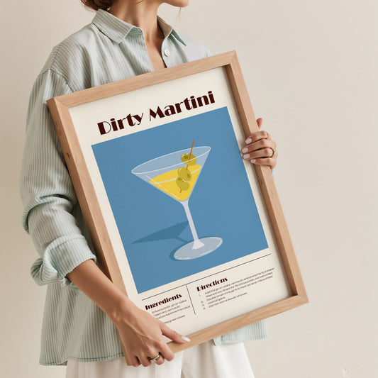 Dirty Martini plakat med oppskrift holdt i ramme