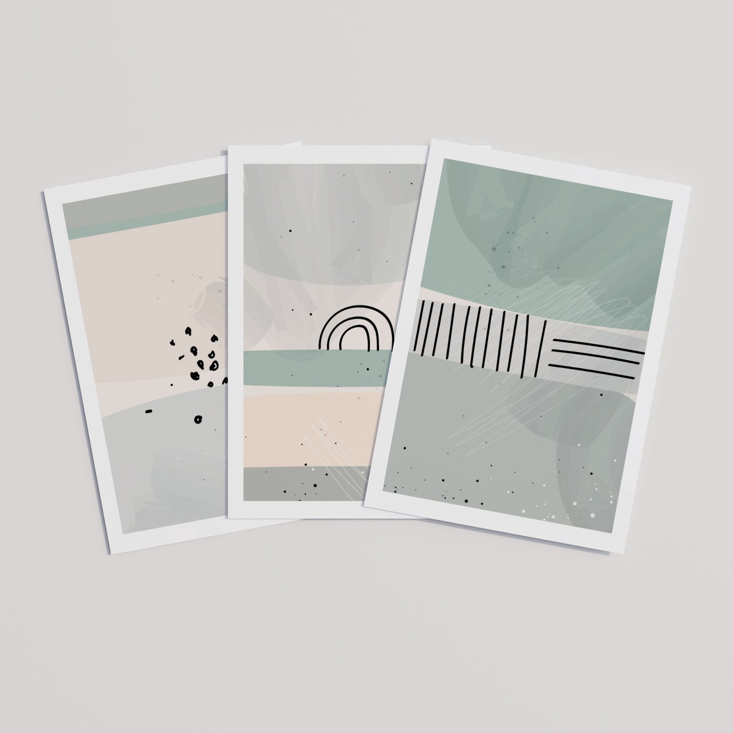 Dusty Green Collection med tre minimalistiske plakater i harmoniske grønne og nøytrale toner