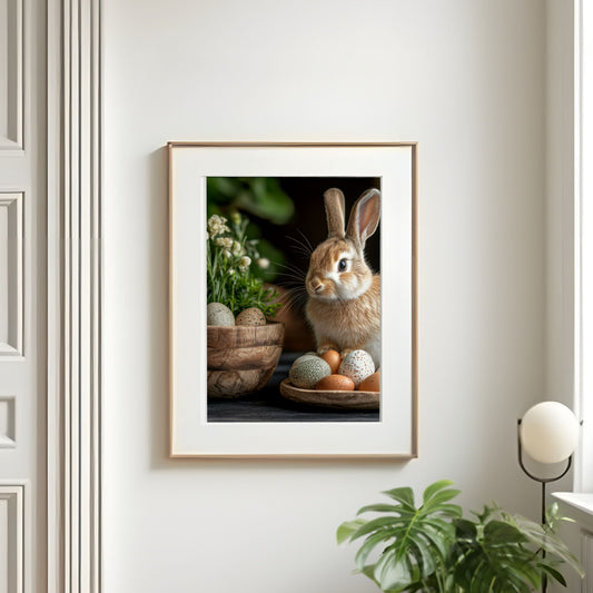 Vertikal påskeplakat med kanin hengende på vegg i lyst nordisk interiør