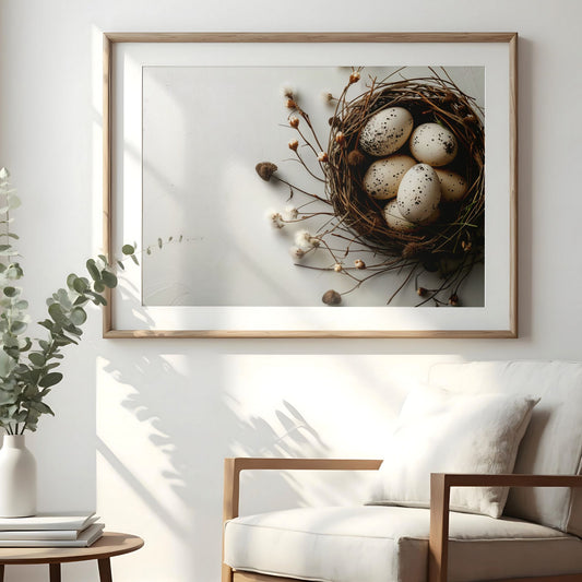 Minimalistisk påskeplakat med fuglerede og egg hengende på vegg i nordisk stue