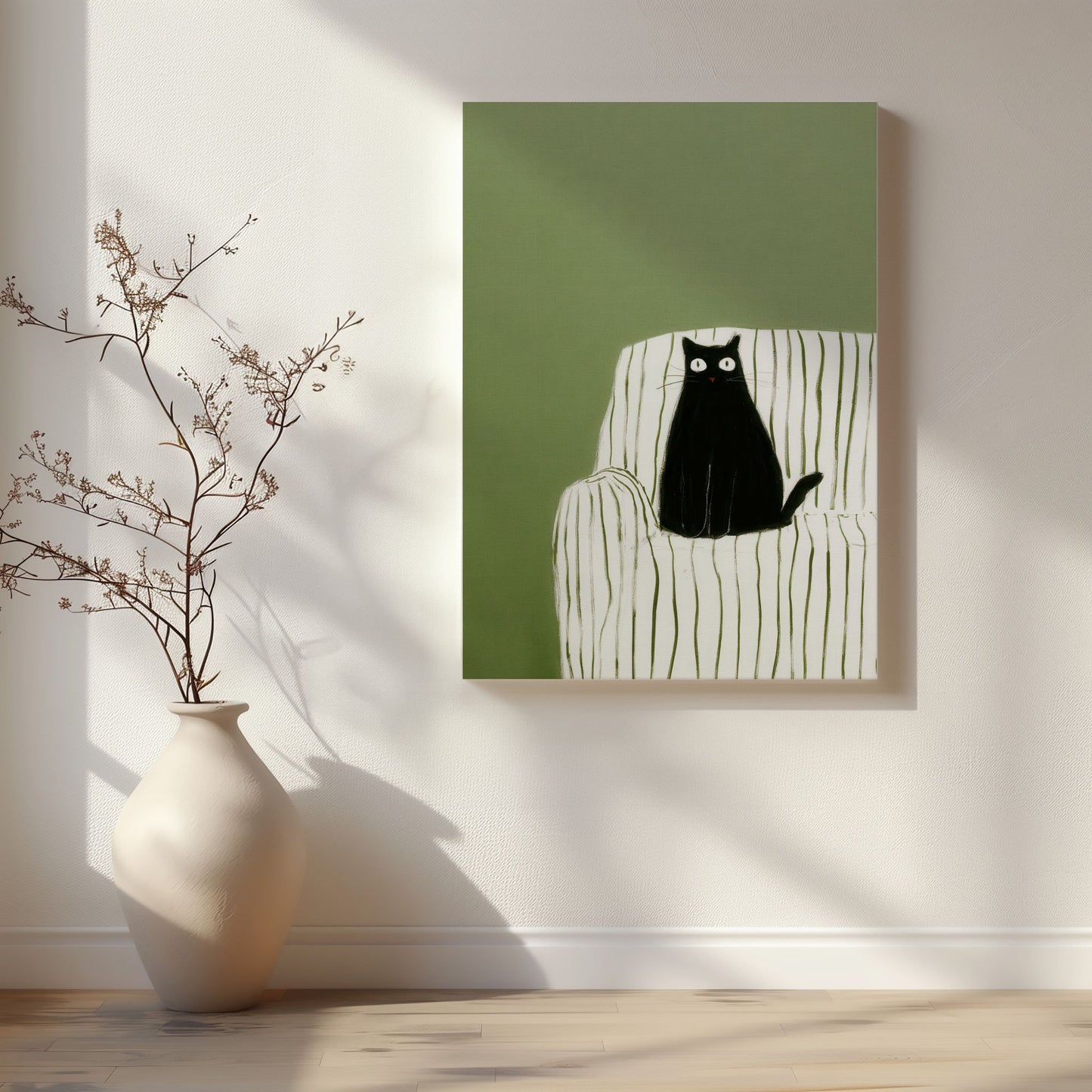 Kunst på lerret med sort katt i minimalistisk stil – Editorial Living Collection