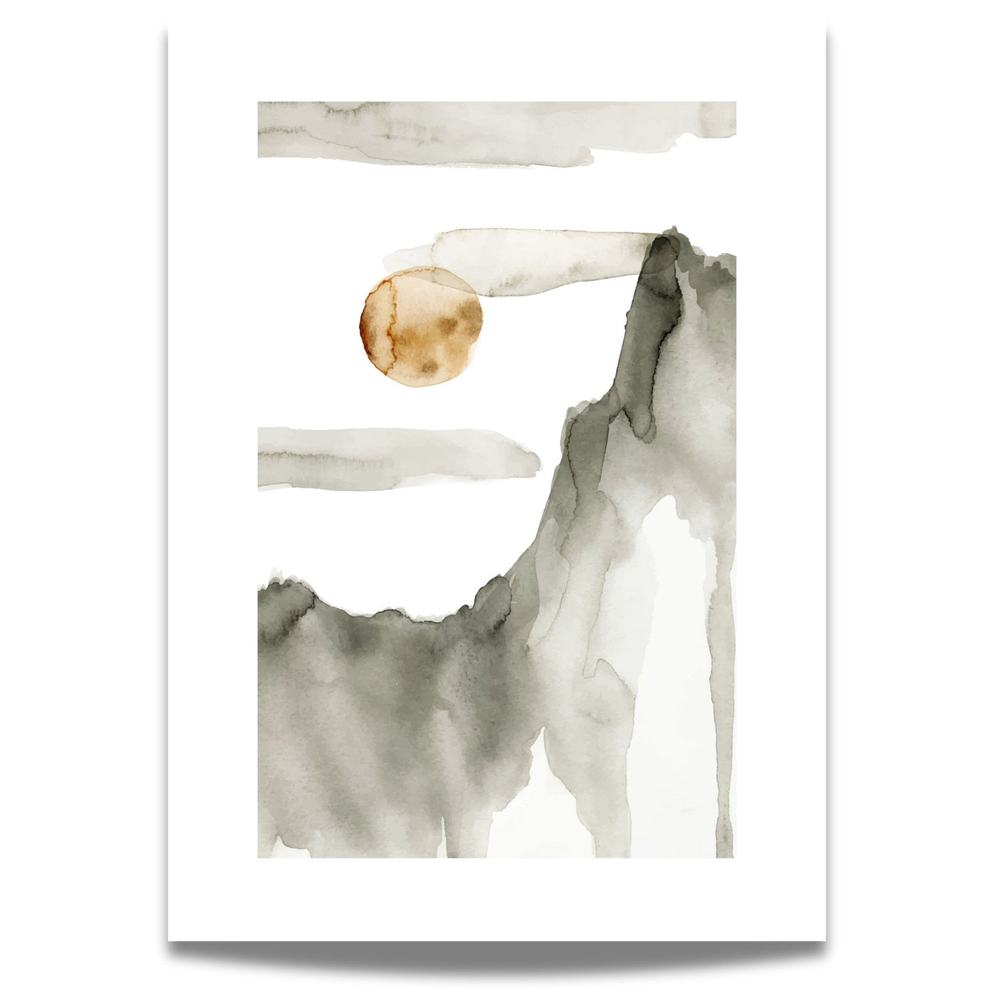 Ensom Måne plakat med minimalistisk akvarellmotiv og bred hvit kant
