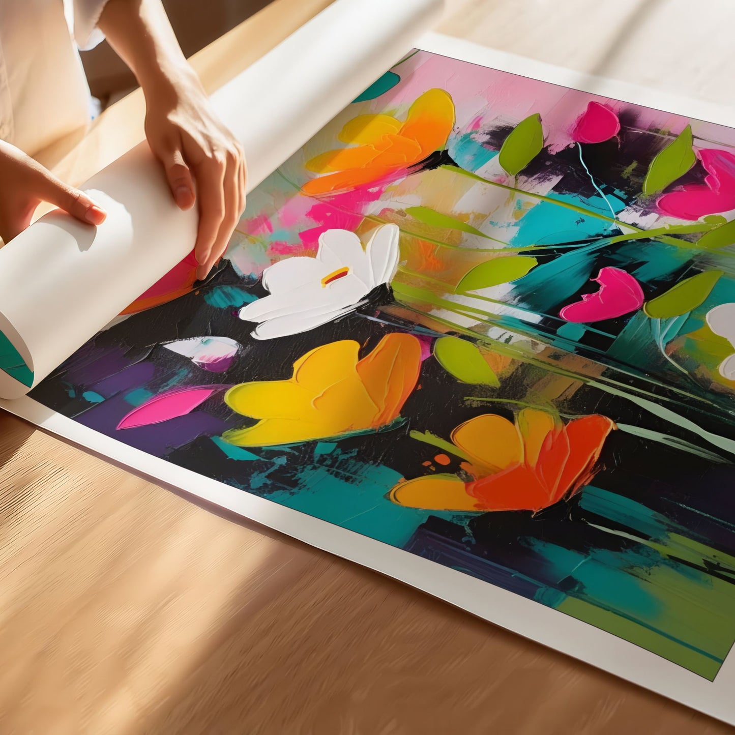 Detaljbilde av Flower Party No2 som viser farger, penselstrøk og kunstneriske detaljer