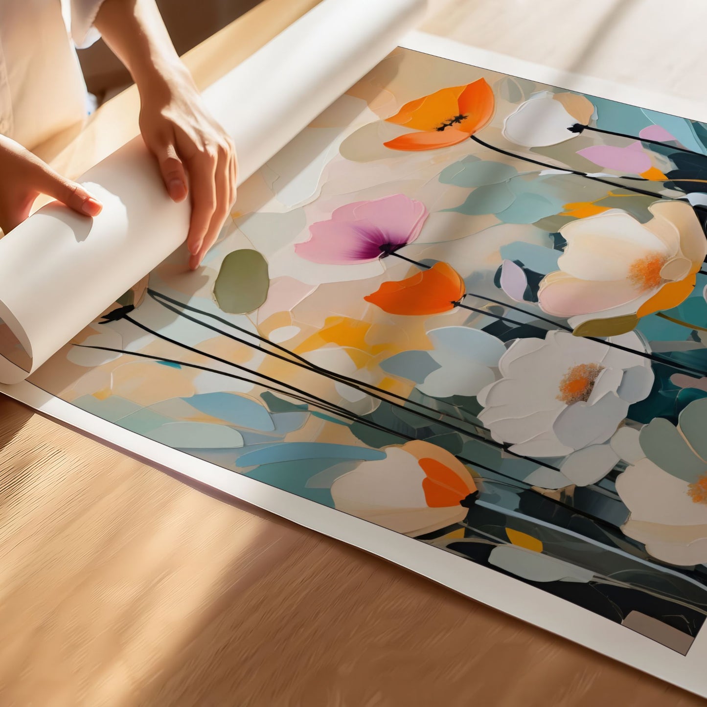 Detaljbilde av Flower Party No5 som viser farger, struktur og kunstneriske detaljer