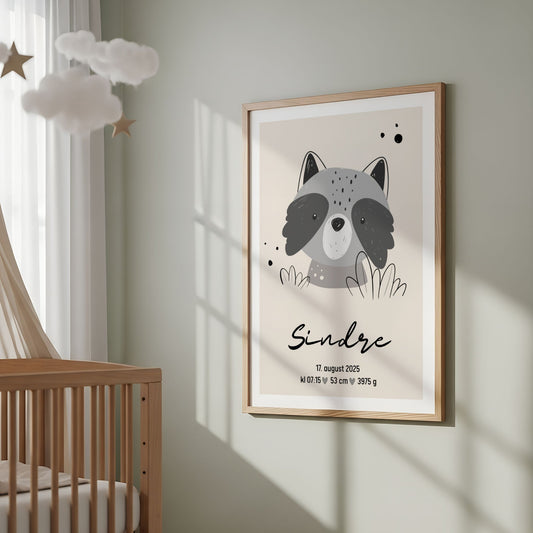 Fødselsplakat med vaskebjørn til barnerom