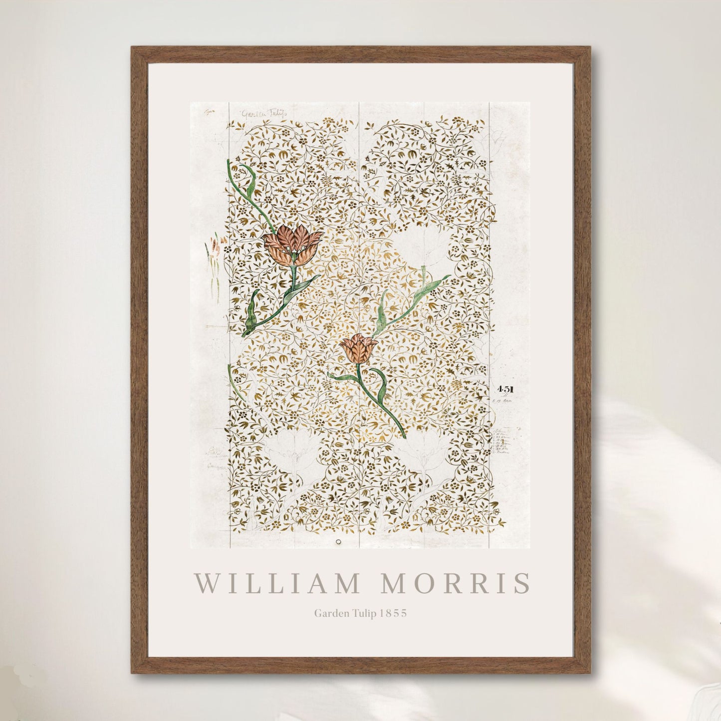 Garden Tulip – botanisk plakat av William Morris. Illustrasjon viser plakat i valnøtt ramme.