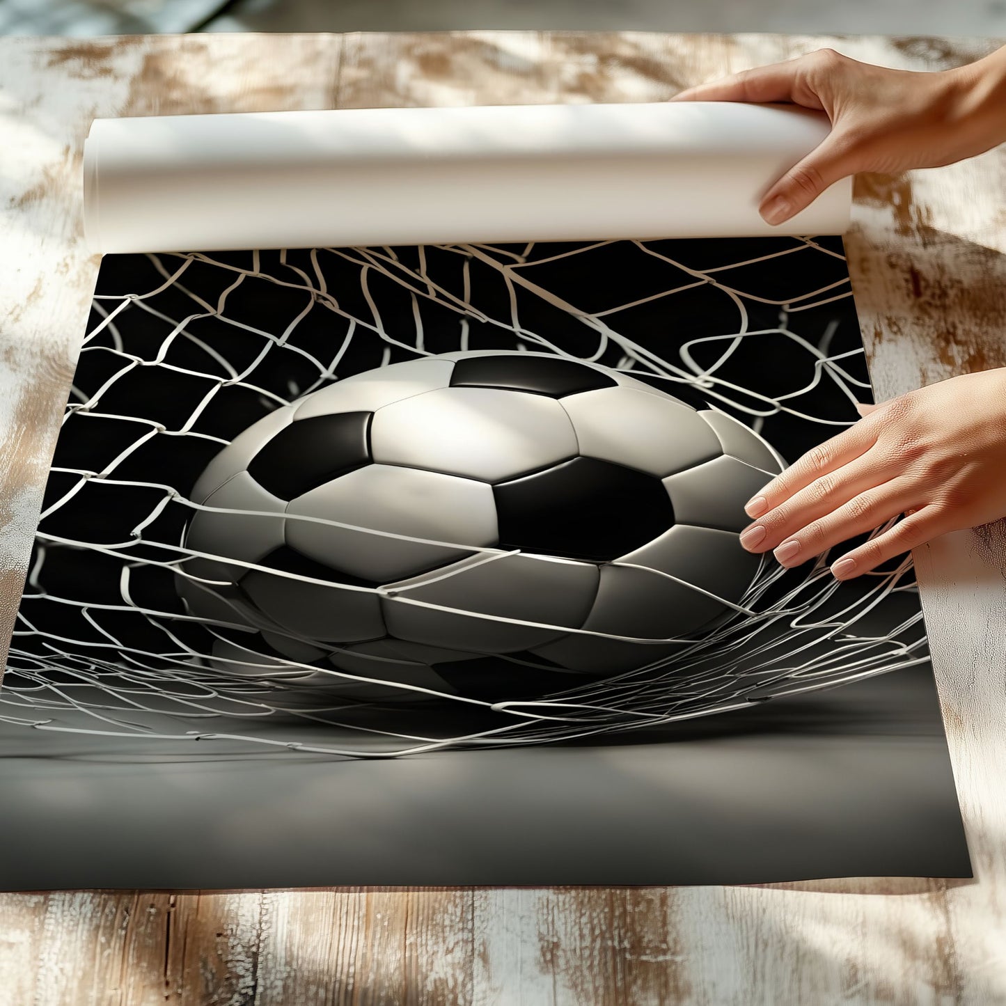 Fotball plakat med høy detaljgrad og kvalitet – kunsttrykk med motiv av ball i mål