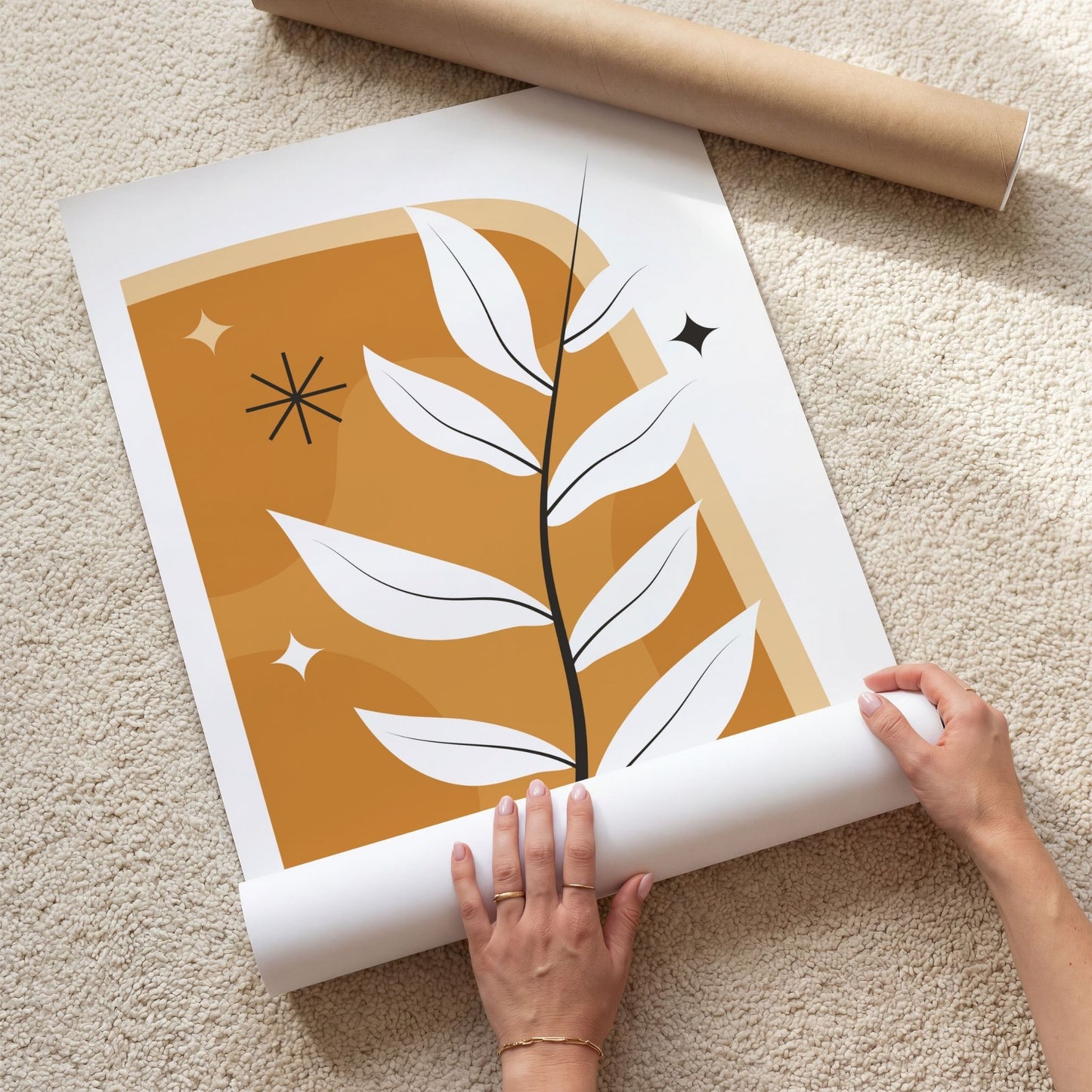 Golden Branch grafisk boho-plakat med detaljvisning av grenmotiv i oker og krem