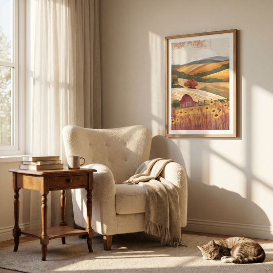 Golden Countryside landskapsplakat i lys lesekrok med lenestol, trebord og katt