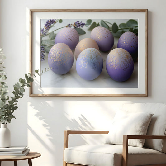 Påskeplakat med lilla og gullmønstrede egg hengende på vegg i lyst interiør