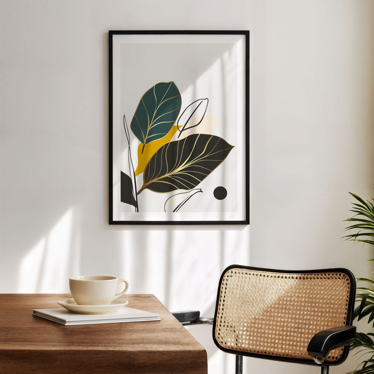 Golden Leaves grafisk botanisk plakat med sort ramme i moderne interiør