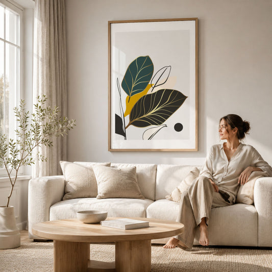 Golden Leaves botanisk plakat i eikeramme over lys sofa i moderne stue