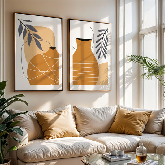 Golden Vessel og Terra Vessel grafisk plakatduo med kar og botaniske former i lys stue