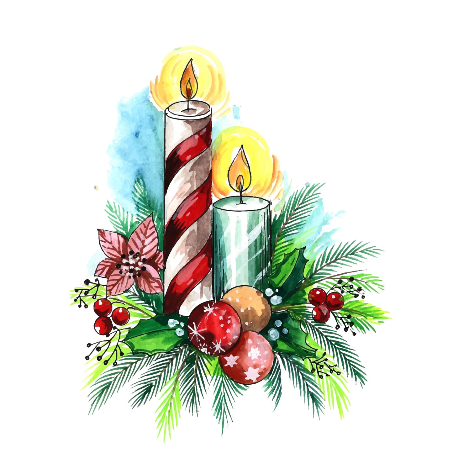 Hvitt emaljekrus med julemotiv av tente julelys dekorert med granbar.