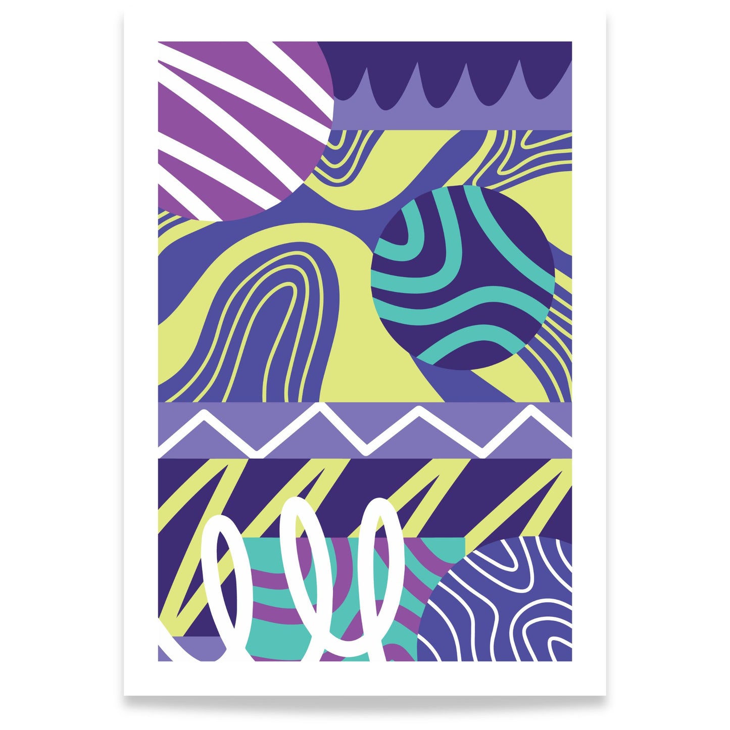 Gaphic flow abstrakt plakat med organiske former i lilla, grønt og blått på hvit bakgrunn 70x100
