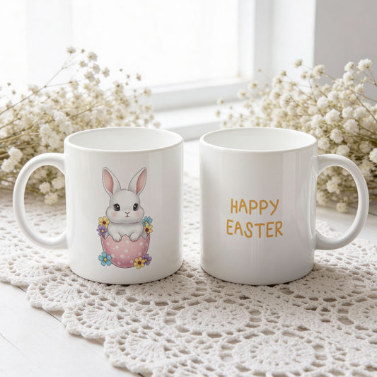 Påskekrus med hvit kanin i rosa egg og teksten Happy Easter, vist fra begge sider på hvit blondeduk.