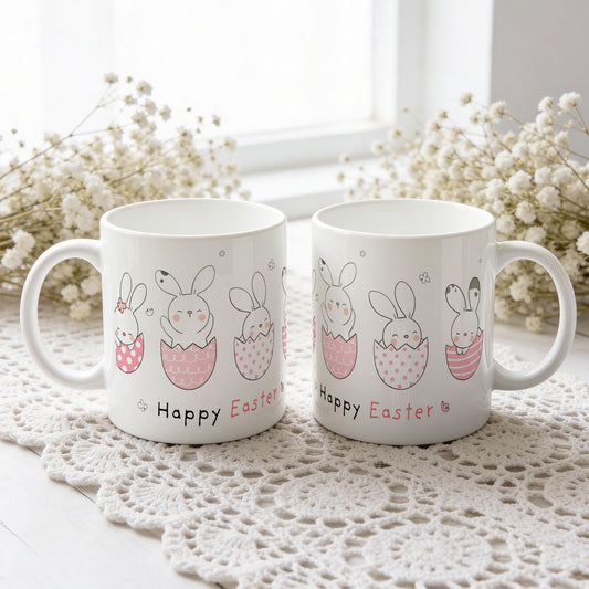 Påskekrus med kaniner i rosa mønstrede egg og teksten Happy Easter, vist fra begge sider på hvit blondeduk.