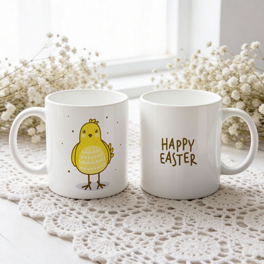 Happy Easter påskekrus med gul kylling i blått eggeskall, vist fra begge sider på hvit blondeduk.