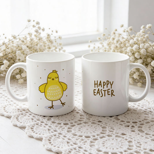 Påskekrus i keramikk med dansende gul kylling og teksten Happy Easter, vist fra begge sider på hvit blondeduk.