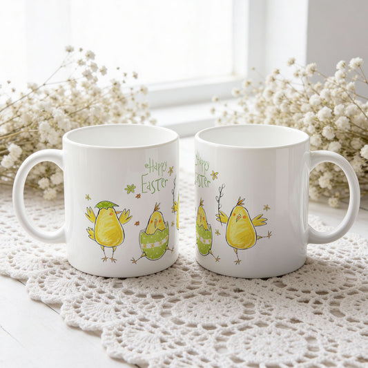 Påskekrus med tre håndtegnede gule kyllinger og teksten Happy Easter, vist fra begge sider på hvit blondeduk.