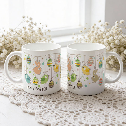To påskekrus med fargerike hengende påskeegg, fugler og kaniner og teksten Happy Easter, plassert på hvit blondeduk.