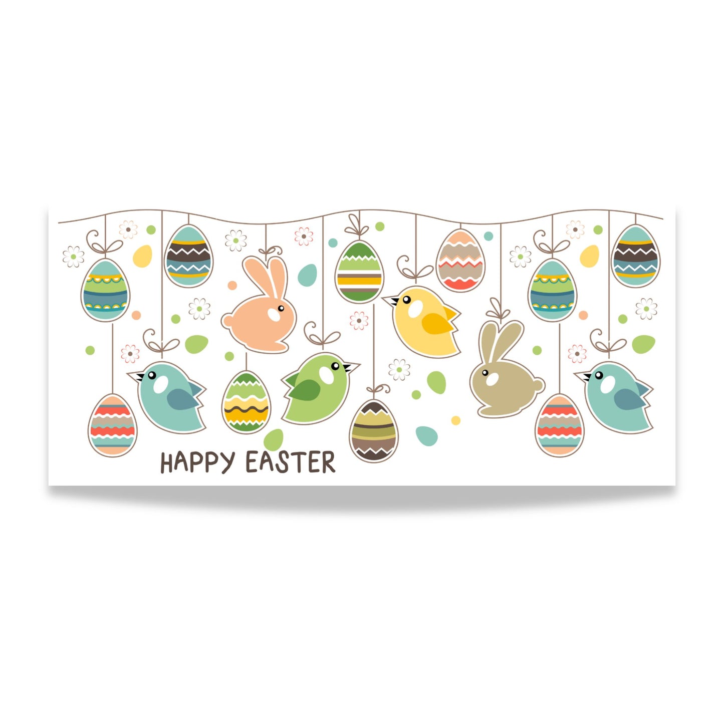 Illustrasjon med hengende påskeegg, små fugler og kaniner i pastellfarger og teksten Happy Easter.