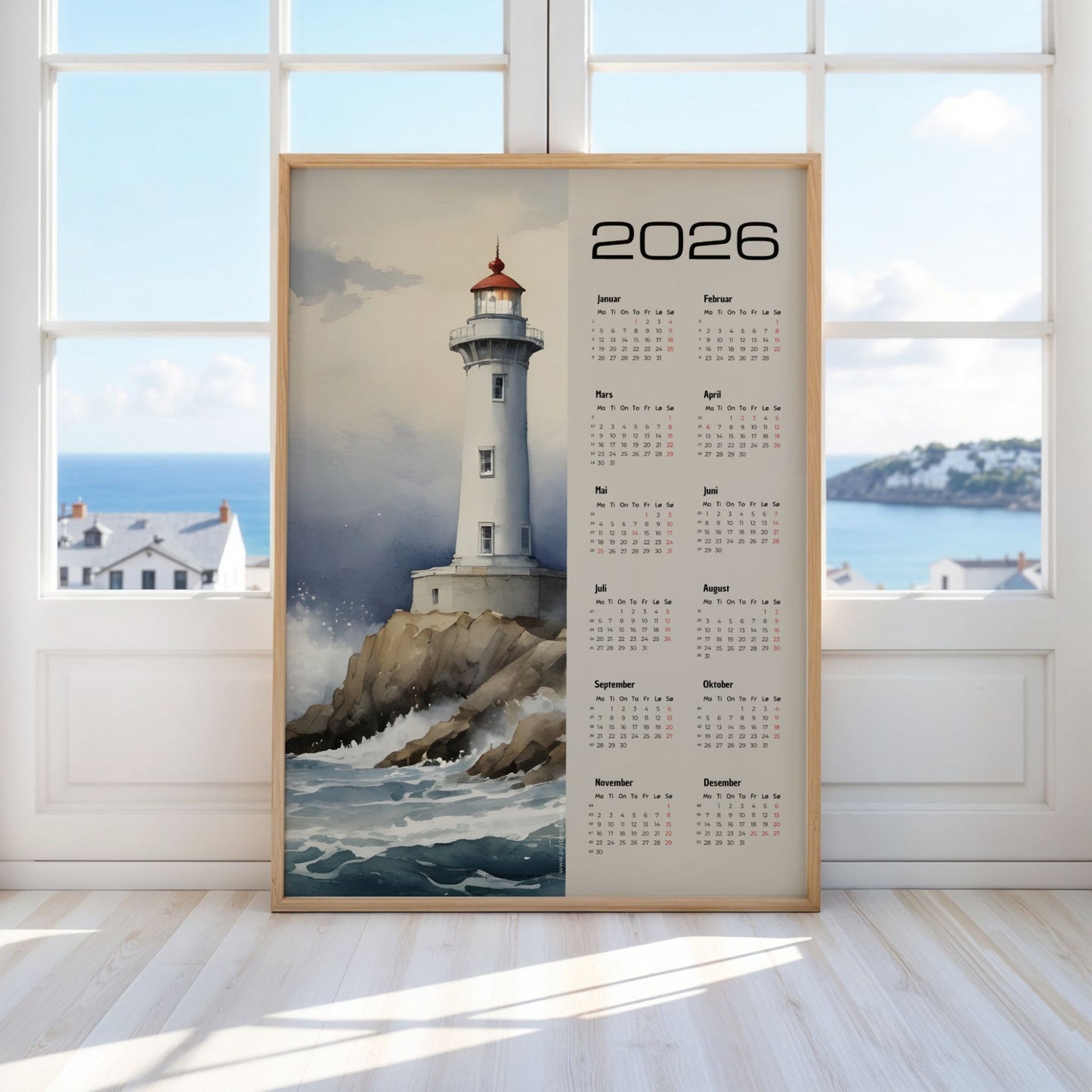 Kalender 2026 med akvarellmotiv av fyrtårn på klipper omgitt av bølger. Illustrasjon viser kalender i eik ramme.