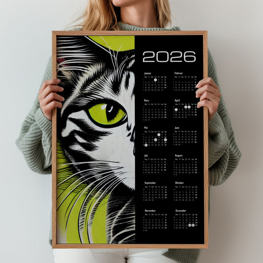 Kalender 2026 med grafisk illustrasjon av katt i svart, hvitt og grønt. Illustrasjon viser kalender i eik ramme.