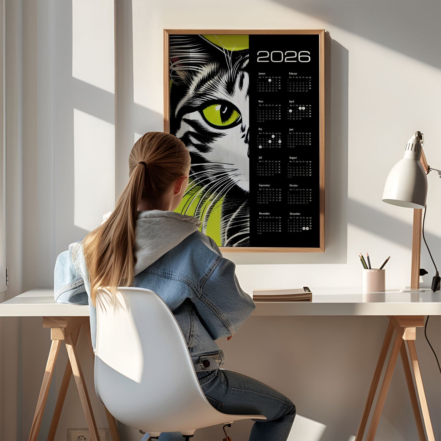 Kalender 2026 med grafisk illustrasjon av katt i svart, hvitt og grønt. Illustrasjon viser kalender i eik ramme.
