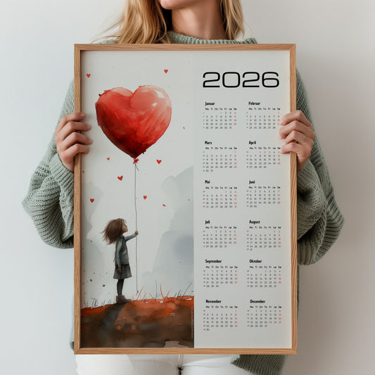 Kalender 2026 med akvarellmotiv av jente med hjerteformet ballong og oversiktlig kalenderdel. Illustrasjon viser kalender i eik ramme.
