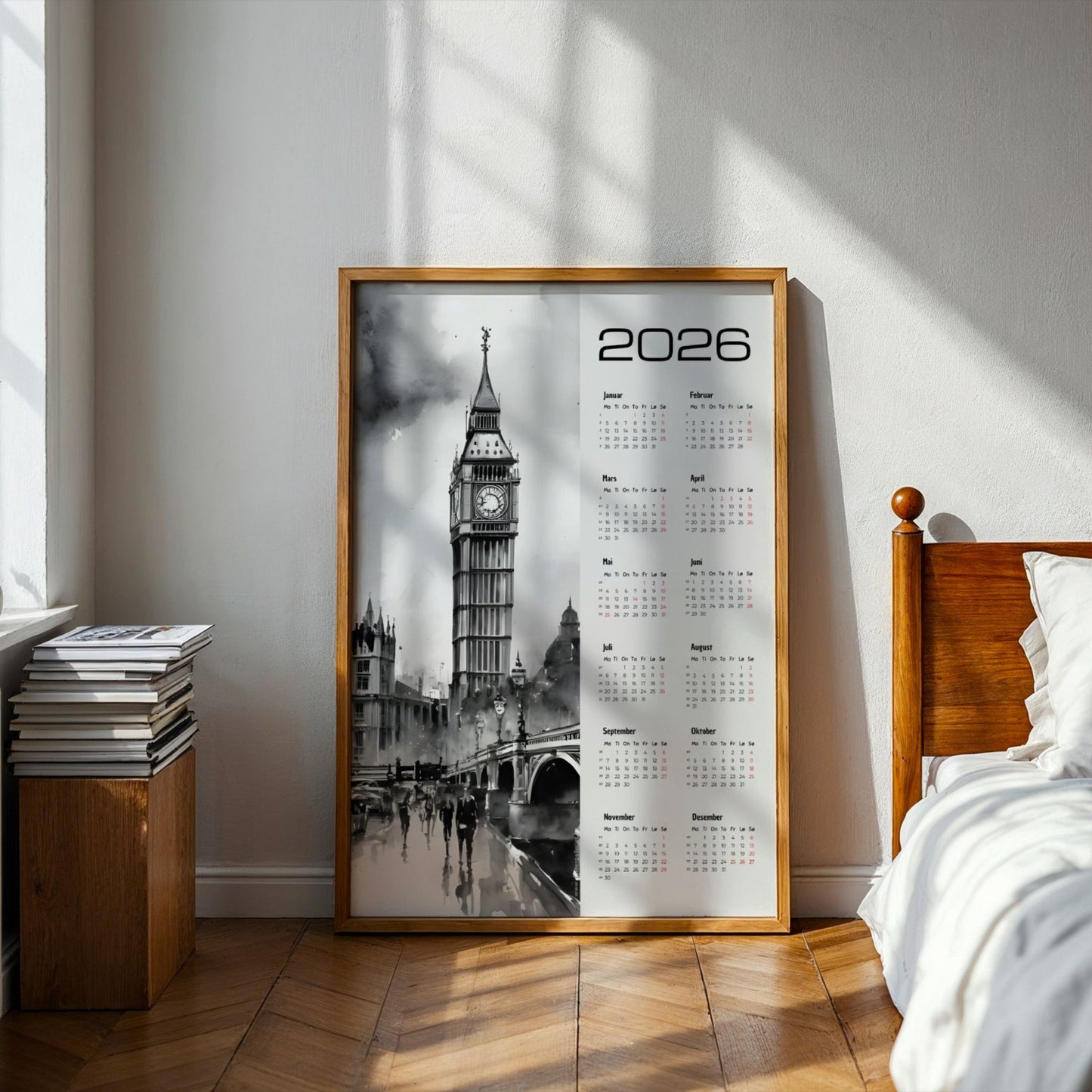 Kalender 2026 med sort/hvitt akvarellmotiv av Big Ben og Westminster. Illustrasjon viser kalender i eik ramme.