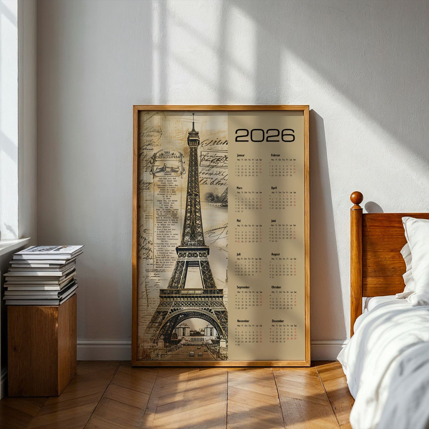 Kalender 2026 med vintage-motiv av Eiffeltårnet og retro bakgrunn. Illustrasjon viser kalender i eik ramme.