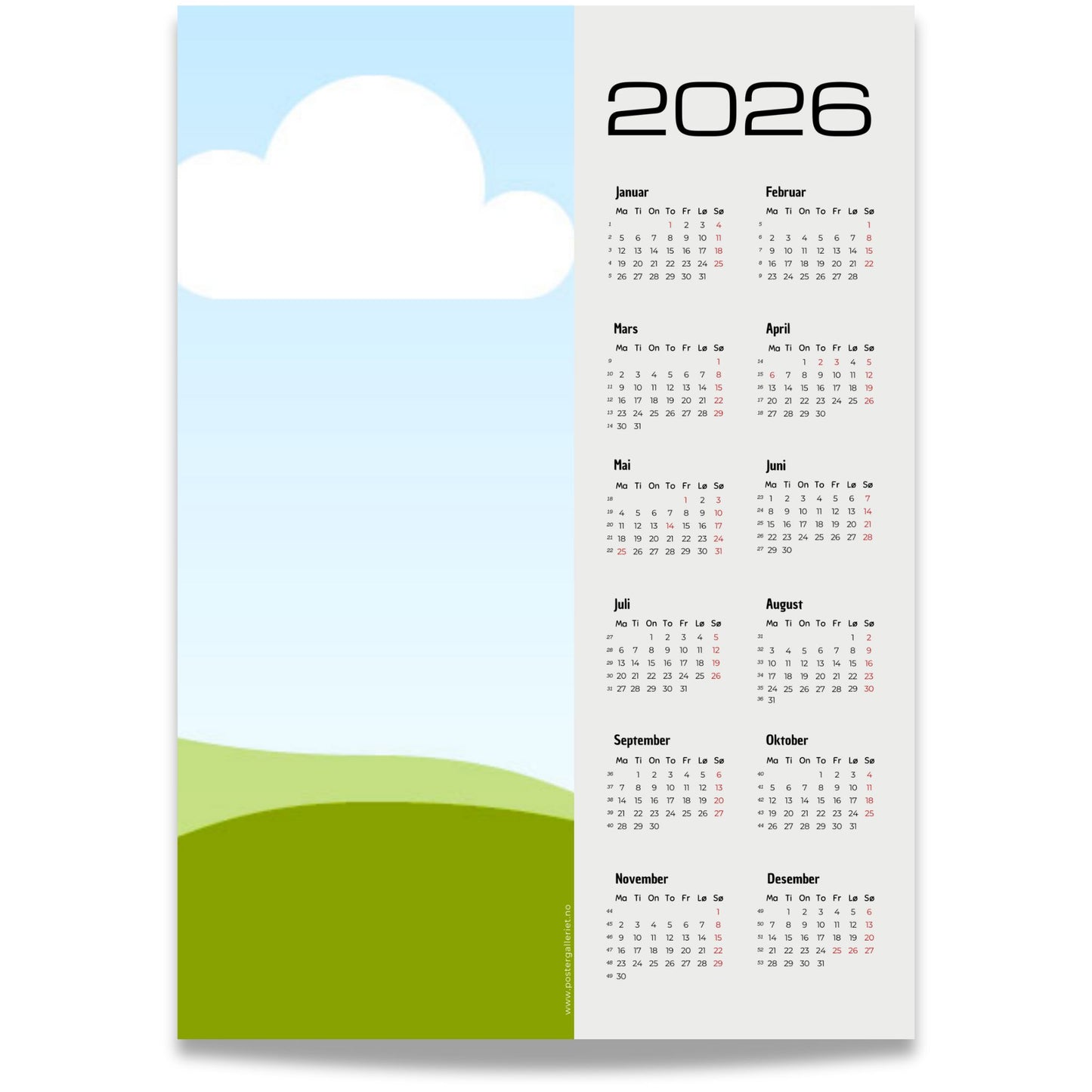 Kalender 2026 med plass for eget opplastet bilde og moderne, minimalistisk layout.