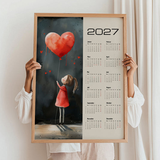 Kalender 2027 med pike, rød hjerteballong og beige bakgrunn, holdt i eikeramme.