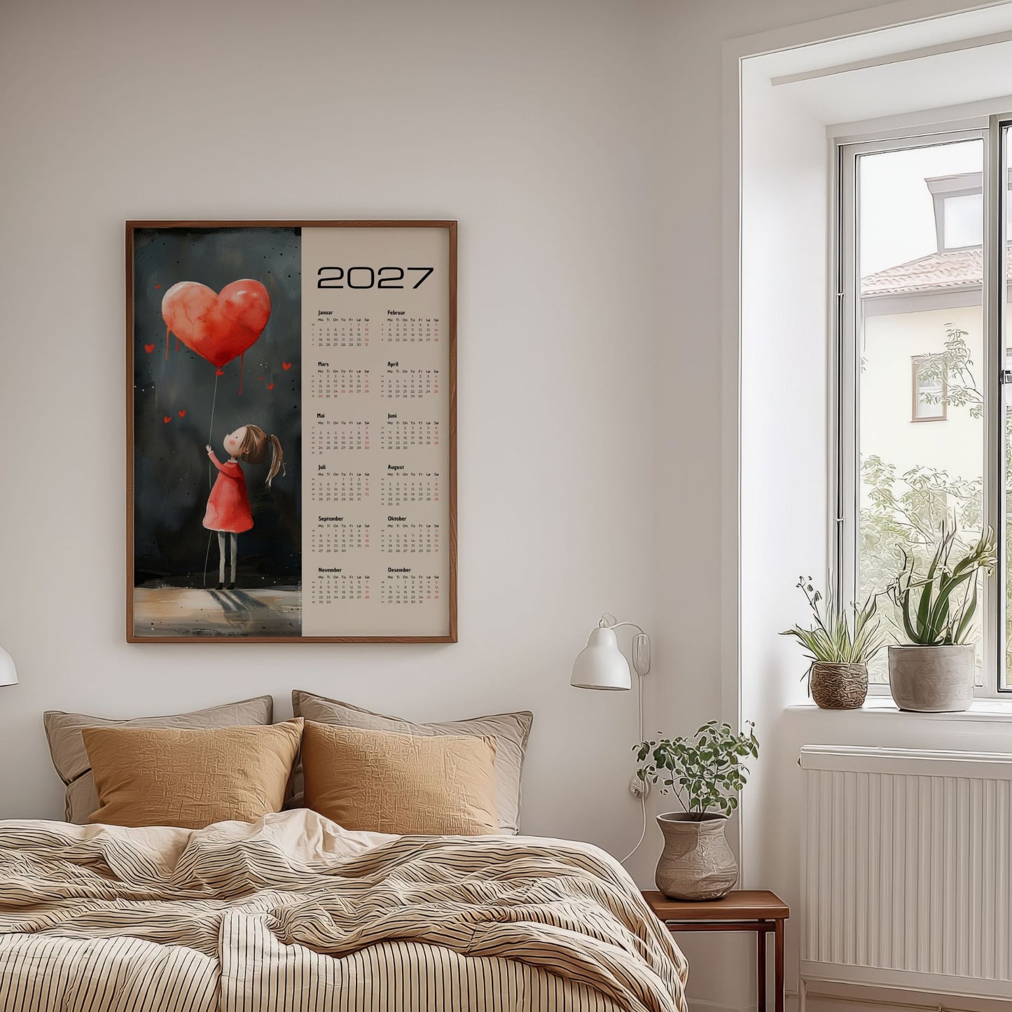 Kalender 2027 med hjerteballong i eikeramme på vegg i lyst soverom. Beige bakgrunn.