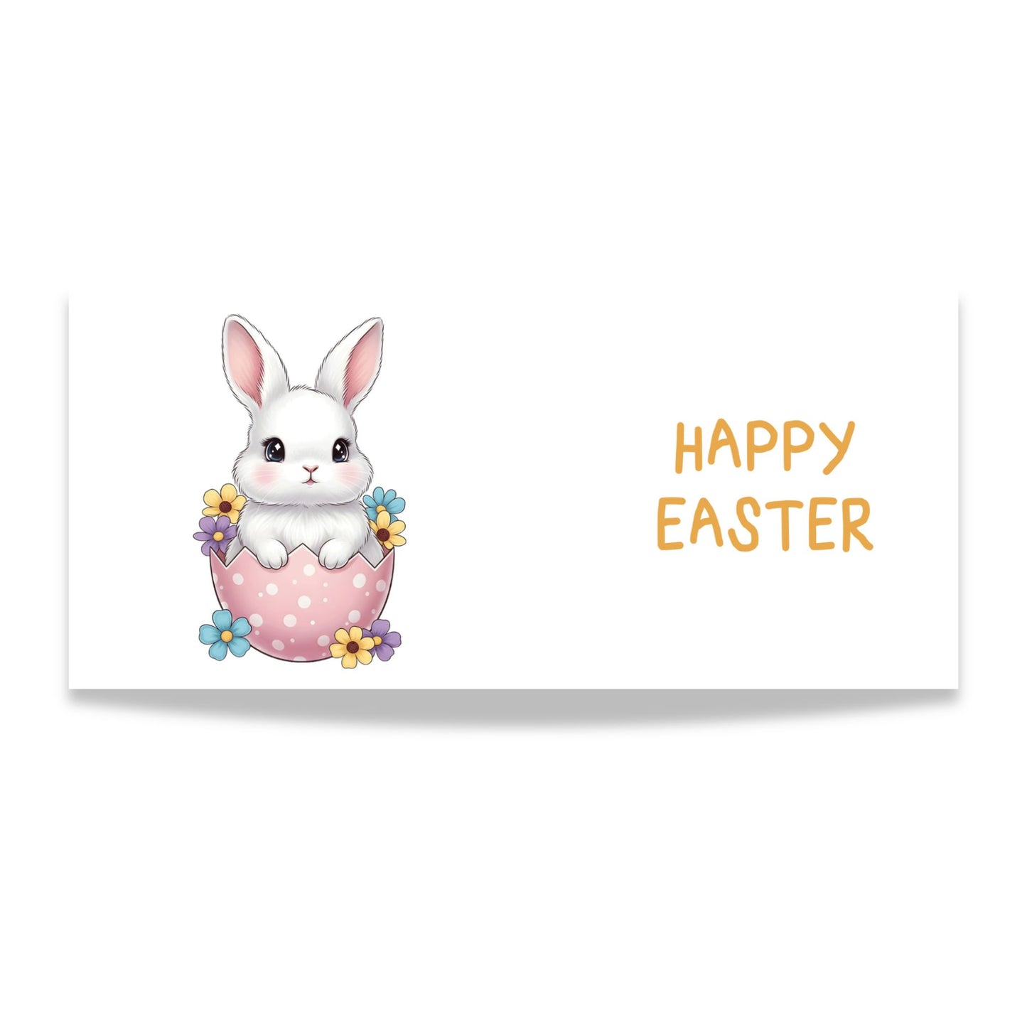 Illustrasjon av hvit kanin i rosa påskeegg med blomster og teksten Happy Easter.