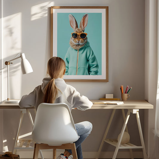 Plakat med cool kanin i solbriller på vegg over skrivebord