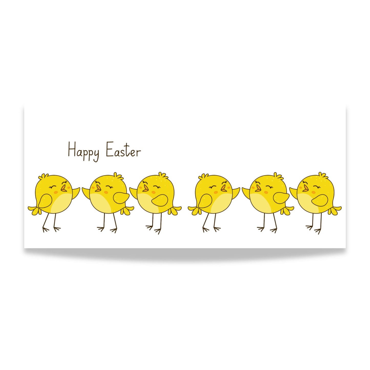 Illustrasjon av seks gule påskekyllinger på rekke med teksten Happy Easter på lys bakgrunn.