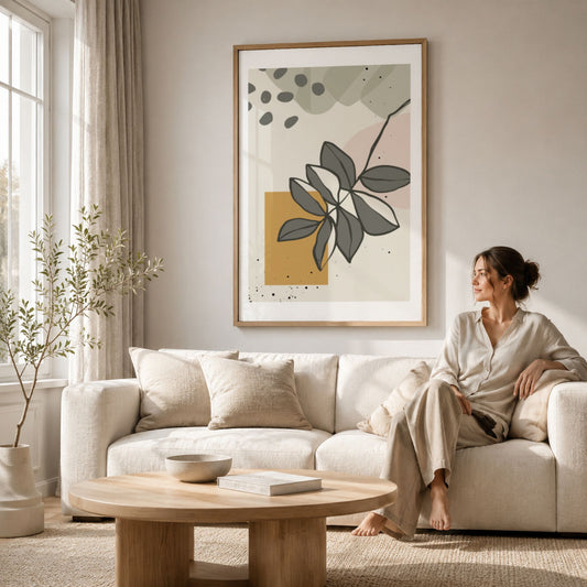 Layered Leaves grafisk plakat i eikeramme over lys sofa i moderne stue