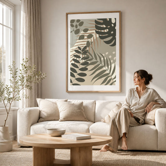 Layered Tropics grafisk botanisk plakat i eikeramme over lys sofa i moderne stue