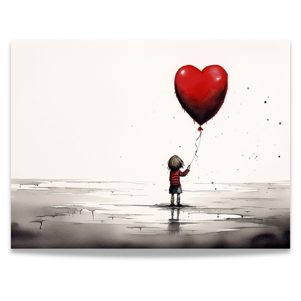 Little Heart akvarellplakat med liten skikkelse og rød hjerteballong. Format 40x30 uten kant