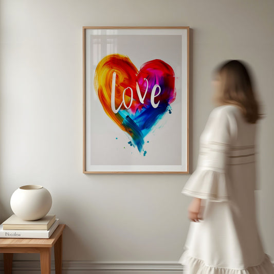 Love in Color hjerteplakat vist på vegg i moderne interiør