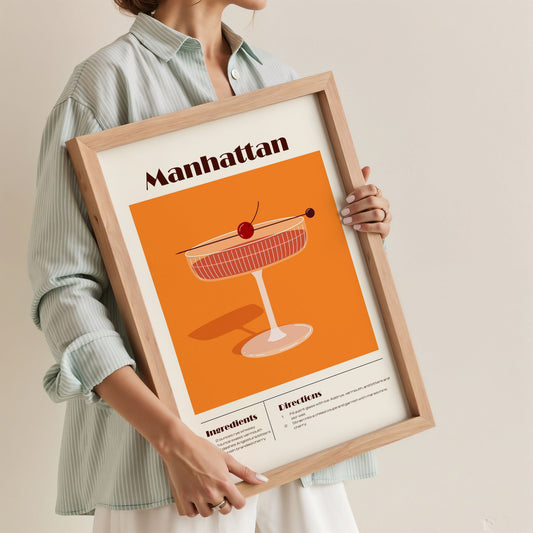 Manhattan plakat med oppskrift i ramme – stilren cocktailplakat til vegg