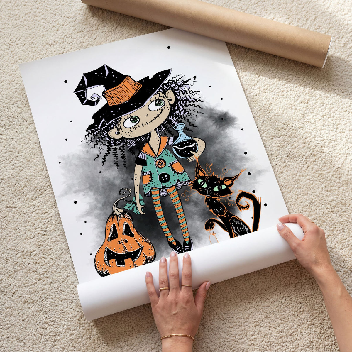 Midnight Mischief Halloween-plakat med fargerikt heksemotiv vist som kunsttrykk
