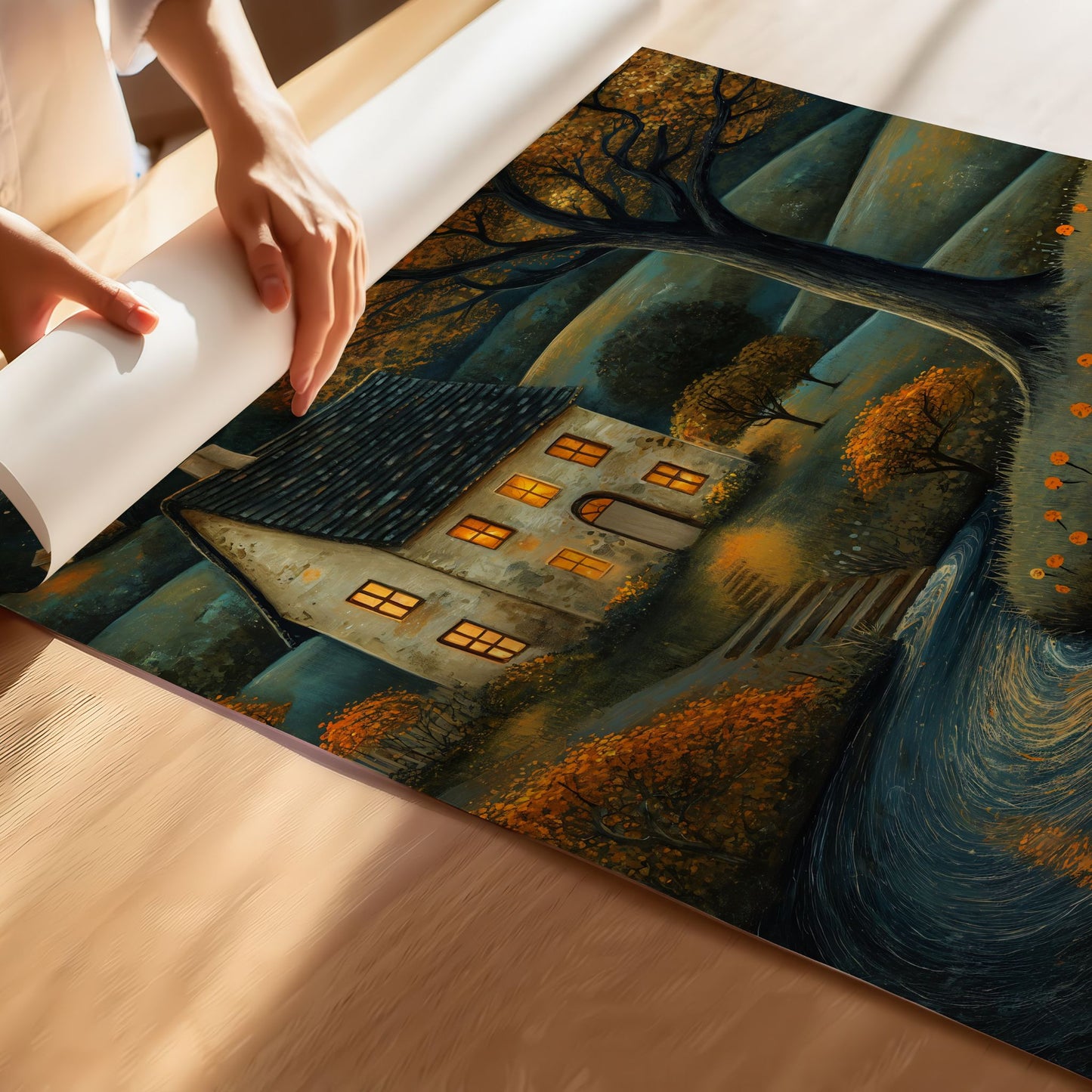 Kunstplakat Moonlit Autumn Cottage – stemningsfullt høstmotiv med lite hus, stort tre, elv og gyllen måne. Illustrasjon viser motivet som uten hvit kantlinje på print.