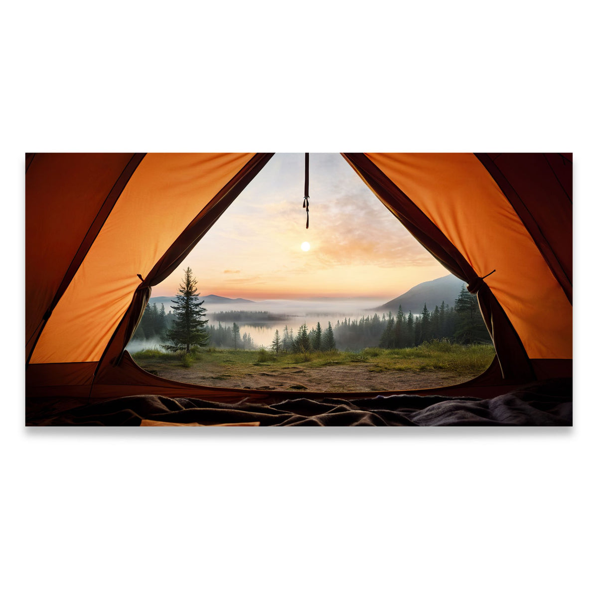 Morning View – lerretsbilde med utsikt fra telt mot skog, vann og fjell. format 120x60.