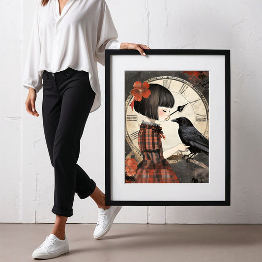 Grafisk kunstplakat av jente i rutete kjole med en ravn foran en stor antikk klokke – vintageinspirert motiv med varme toner og poetisk uttrykk. Illustrasjon viser plakat med passepartout i sort ramme.