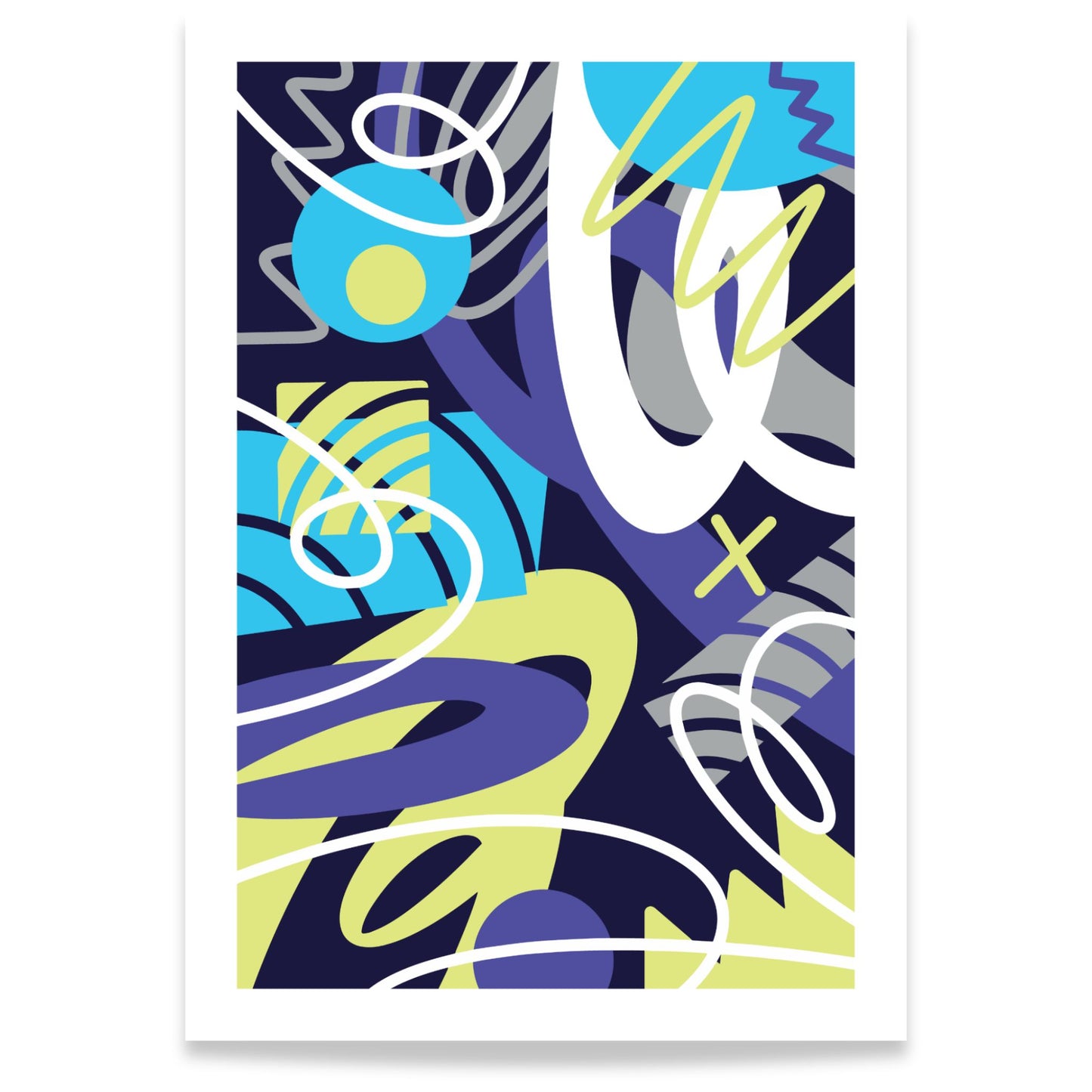 Neon Orbit abstrakt grafisk plakat med organiske linjer og geometriske former i blått, lilla og lime 21x30